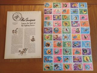 Wwii 1942 Disney War Insignia Postamp Album Vol 1 No 2 Full Sheet Stamps