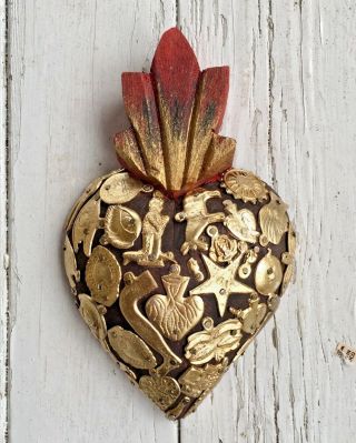 Hearts - Mexican Milagro Heart - Hand Crafted Wood Milagro Folk Art Heart 6.  75”