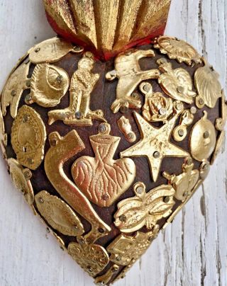 HEARTS - Mexican Milagro Heart - Hand Crafted Wood Milagro Folk Art Heart 6.  75” 2
