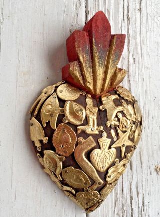 HEARTS - Mexican Milagro Heart - Hand Crafted Wood Milagro Folk Art Heart 6.  75” 3