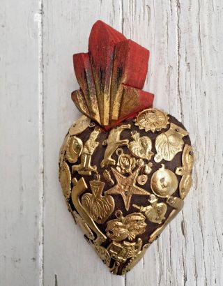 HEARTS - Mexican Milagro Heart - Hand Crafted Wood Milagro Folk Art Heart 6.  75” 4
