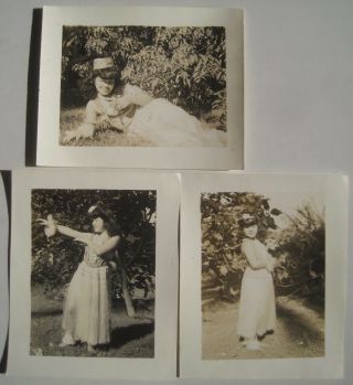 3 Old Photos Hula Girl In Grass Skirt; Tropical Beach Pinup; 1940 - 50s; Hawaiian?