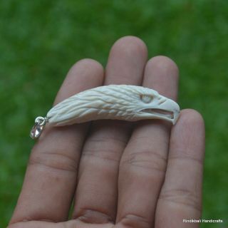 Eagle Head Carved 51mm In Deer Antler Bali Carving Pendant W/ Silver Dp136