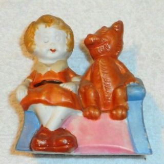 Vintage Japan Bisque Figural Toothbrush Holder - Little Orphan Annie & Sandy