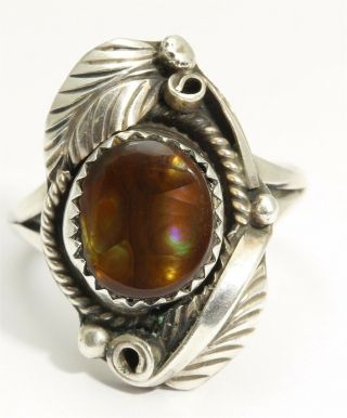 Vintage Navajo Signed Sterling Silver Ornate Fire Agate Floral Blossom Ring