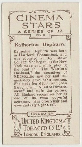 Katharine Hepburn 1933 United Kingdom Co Cinema Stars Tobacco Card 8 E2 2