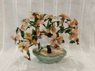 Vintage Asian Jade Glass Bonsai Tree Pink Flowers Celadon Pot