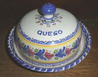 Mexican Pottery Cheese Dish Plate W Cover Dome Hand Painted Queso 9 - 1/8 " Ecf Dr
