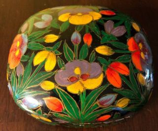 Vintage Paper Mache Hand Painted Bright Floral Leaf Trinket Box Kashmir India