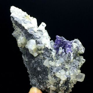 202g White Columnar Fluorescent Calcite & Purple Fluorite Crystal Specimen