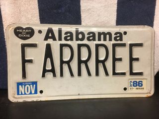 1986 Alabama Vanity License Plate “farrree”