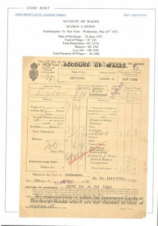 Account Of Wages For Cunard Line R.  M.  S.  Aquitania