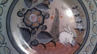 Hand Painted Mexican Folk Art Pottery Plate Signed A Solis - Rabbit In garden 2