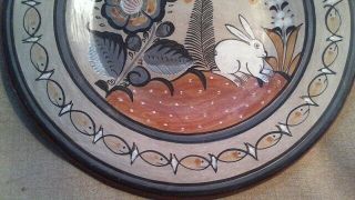 Hand Painted Mexican Folk Art Pottery Plate Signed A Solis - Rabbit In garden 3