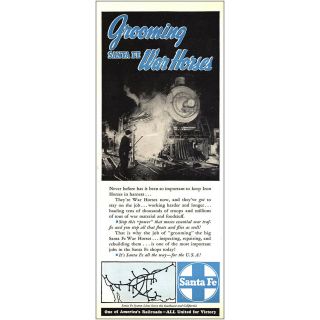 1943 Santa Fe Railway: Grooming War Horses Vintage Print Ad