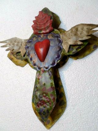 11 " Mexican Folk Art Punched Tin Hand Painted Wall Cross Flame Heart Wings