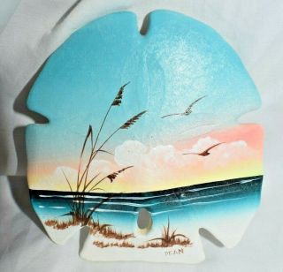 Estate: Large,  Hand Painted Sand Dollar Shell Of Ocean,  Sea Gulls,  Sunset Look