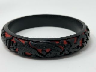 Ornate Vintage Chinese Cinnabar Carved Black & Red Lacquer Bangle Bracelet