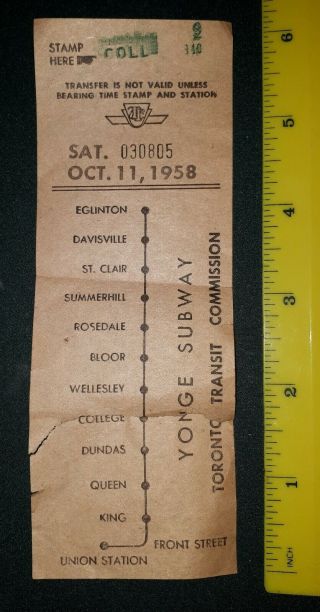 Rare Vintage Cdn.  (toronto) " Yonge Subway Oct.  11,  1958 Ttc Transfer Ticket "