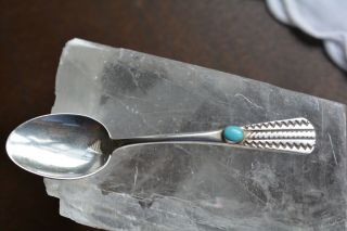 Vintage Handmade Navajo Stamped Sterling Silver Turquoise Stone Spoon