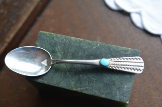 Vintage Handmade Navajo Stamped Sterling Silver Turquoise Stone Spoon 2