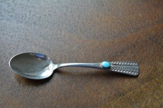 Vintage Handmade Navajo Stamped Sterling Silver Turquoise Stone Spoon 3