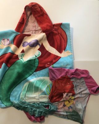 Disney Little Mermaid Ariel Toddler Set Rash Guard Swim Suit 3t W/ Towel Hooded