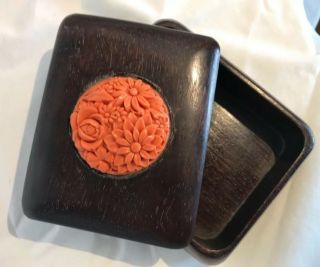 Vintage Wood Box With Hand Carved Pink Coral Floral Aplique,  Made In Japan