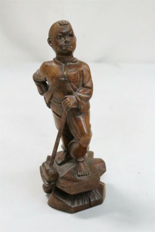 Vintage Chinese Hardwood Hand Carved Proud Wooden Boy Hammer Figurine Signed