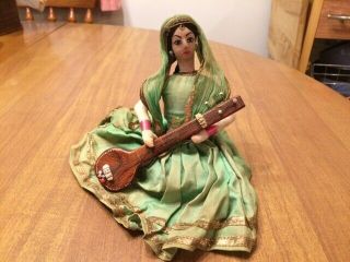 Vintage Thai Cloth Woman Playing Samisen Instrument Collectible