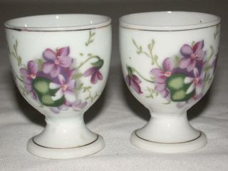 Set Of 2 Porcelain Japanese Egg Cups W/ Violet Flower Japan & Symbol On Bottom