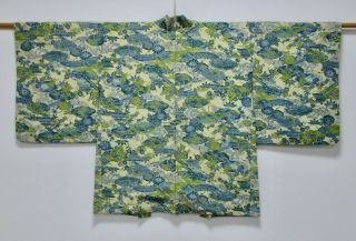 Japanese Kimono Silk Haori / Beige / Indigo Blue / Silk Fabric /421
