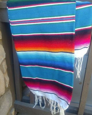 Mexican Serape Blanket Blue Teal Multi - Colored Stripes,  White Fringe Xl