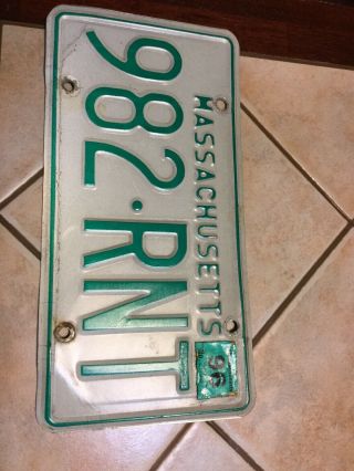 1996 Mass License Plate Green & White Massachusetts Vintage Ma 982 Rnt