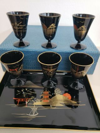 Vintage Japanese Aizu 6 Saki Cups Tray & Box Set Lacquer Made In Japan P - 15