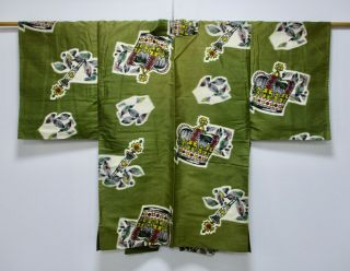 Japanese Kimono Silk Antique Haori Jacket / Rare / Crown / Green / Vintage /413