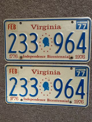 Virginia Bicentennial License Plate 1976/1977 - Set Of 2 233 - 964