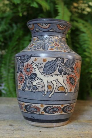 Lovely Vase Handmade & Painted With White Deer Tonala Pottery Mexican Folk Art