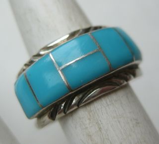 Vtg Native American Navajo Indian Sterling Silver Turquoise Channel Inlay Ring