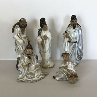 Vintage Chinese Mudmen Set Of 5 With Lady Chinese Mudwoman Bonsai Figurine