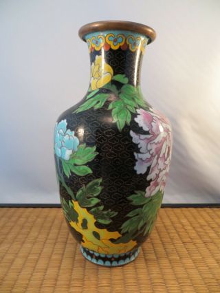 Vintage Chinese Cloisonne Vase Peony Flowers On Black Background 8 1/8 " China