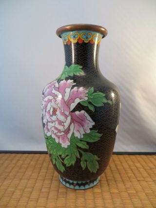 Vintage Chinese Cloisonne Vase Peony Flowers on Black Background 8 1/8 