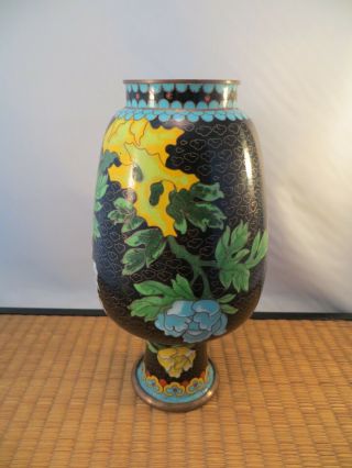 Vintage Chinese Cloisonne Vase Peony Flowers on Black Background 8 1/8 