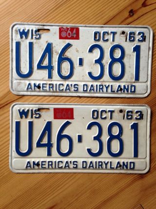 Wisconsin Car License Plates Vintage 1963 - 64 White With Blue Lettering Set Of 2