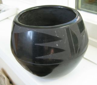 Vintage 5 " X4 " San Ildefonso Black On Black Pottery,  Polish C1940 Classic