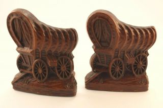 Vintage Western Bookends - Covered Wagon Wooden Bookends - Syroco Woods Usa