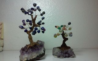 2 Unique Vintage Semi Precious Gemstone Trees,  Sculptures On Amethyst Clusters