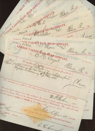 6 Lehigh Valley Railroad Stamped Revenue Paper Documents Philadelphia,  Pa 1876
