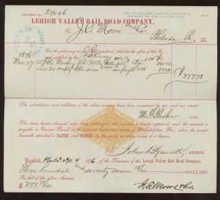 6 Lehigh Valley Railroad Stamped Revenue Paper Documents Philadelphia,  PA 1876 4