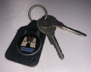 Vintage Volkswagen Vw Keys W.  Enameled Wolfsburg Crest Black Leather Key Chain